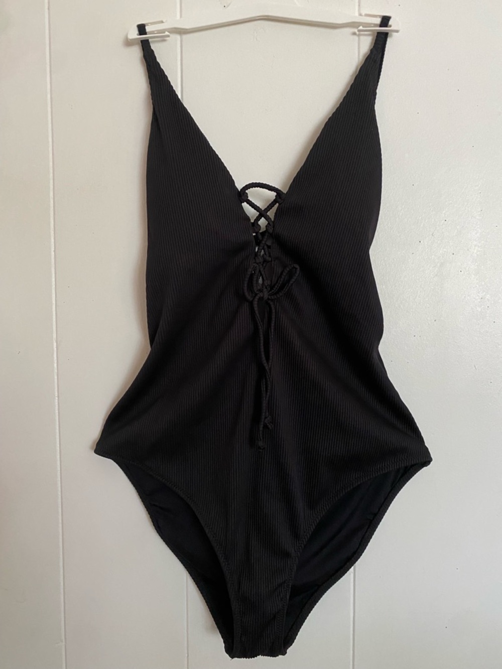 Cupshe Black Ribbed Lace-Up Back Bodysuit
